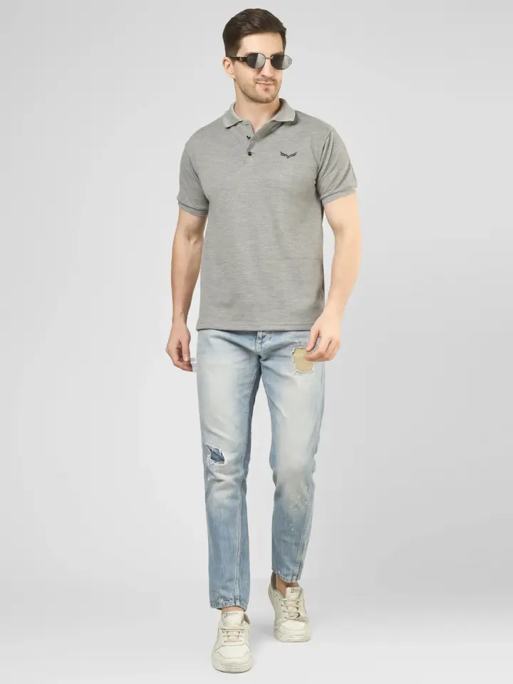 Men's Grey Solid Polo T-Shirt in Grey, shown on model
